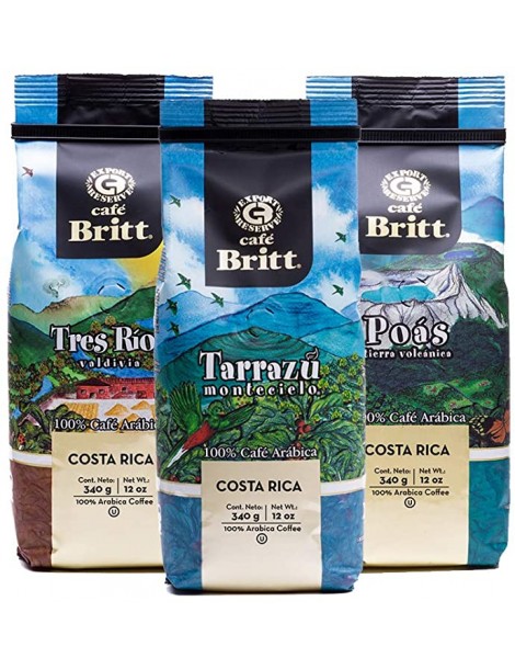 Café Britt® — Costa Rican Origins kafijas komplekts (12 oz.) (3 iepakojumi) (Tarrazú, Tres Ríos & Poás) — kafijas pupiņas, arabikas kafija, košers, bez lipekļa, gardēdis un vidēji gaišs un tumšs grauzdējums
